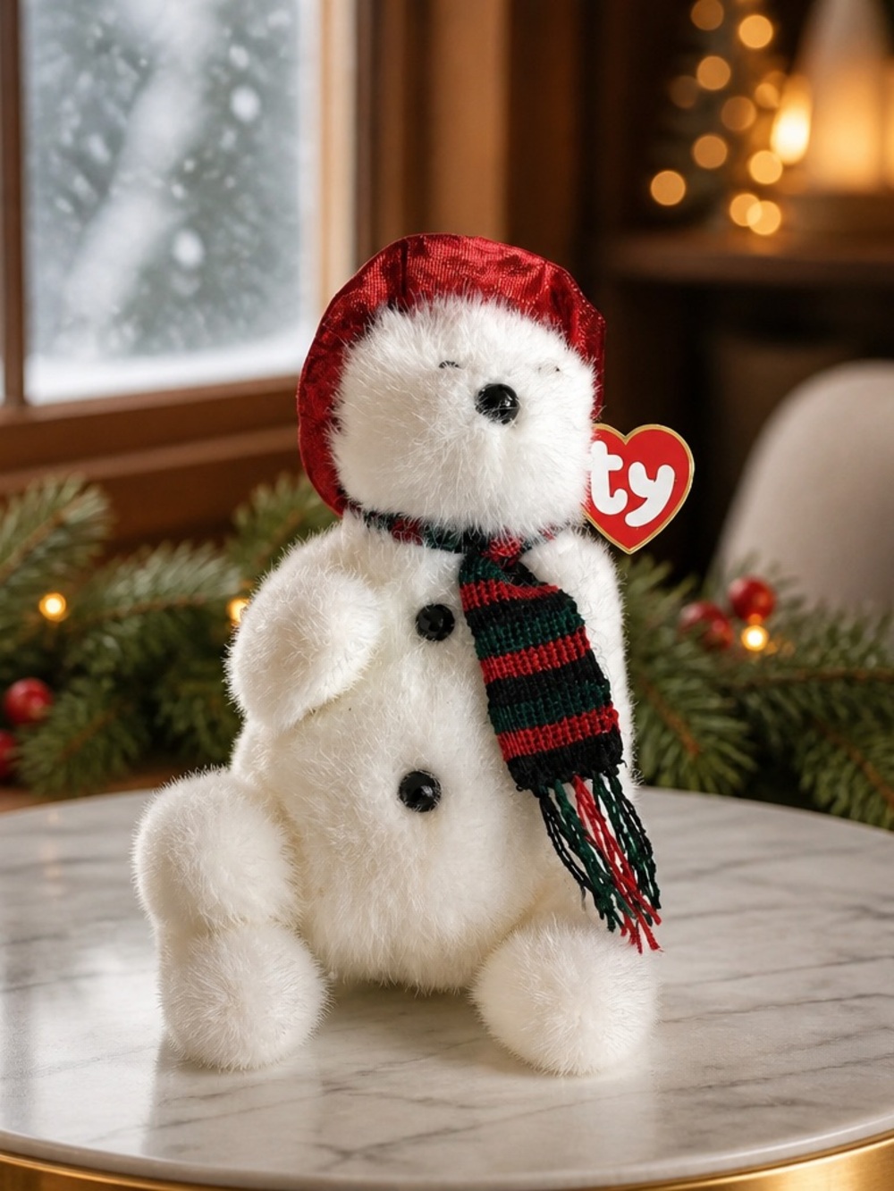 Ty White Plush Snowman Bear with Red Hat and Red-Green Scarf